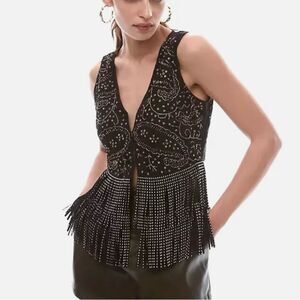 Anthropologie Black Embellished Fringe Blouse